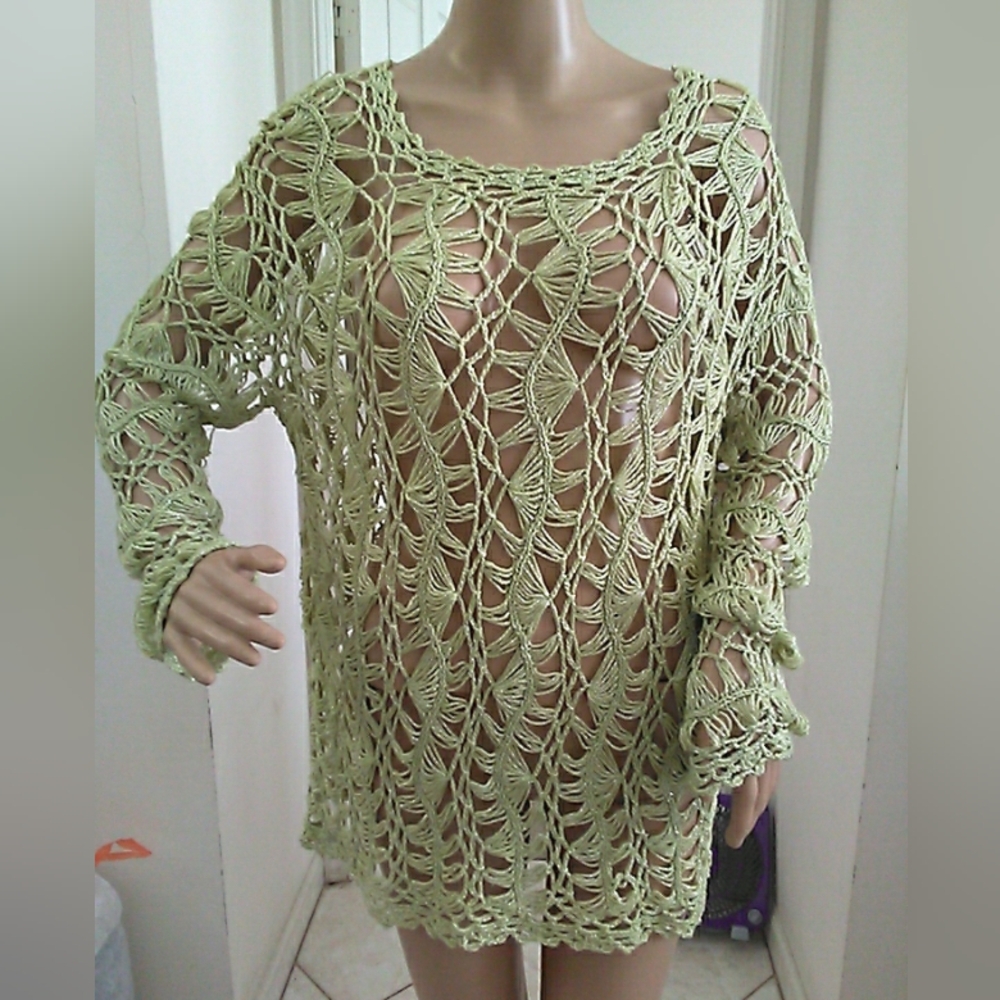 NWT NF Boutique Light Green Crochet Swim Cover-Up Tunic W/ SILVER TENCEL FREE SZ